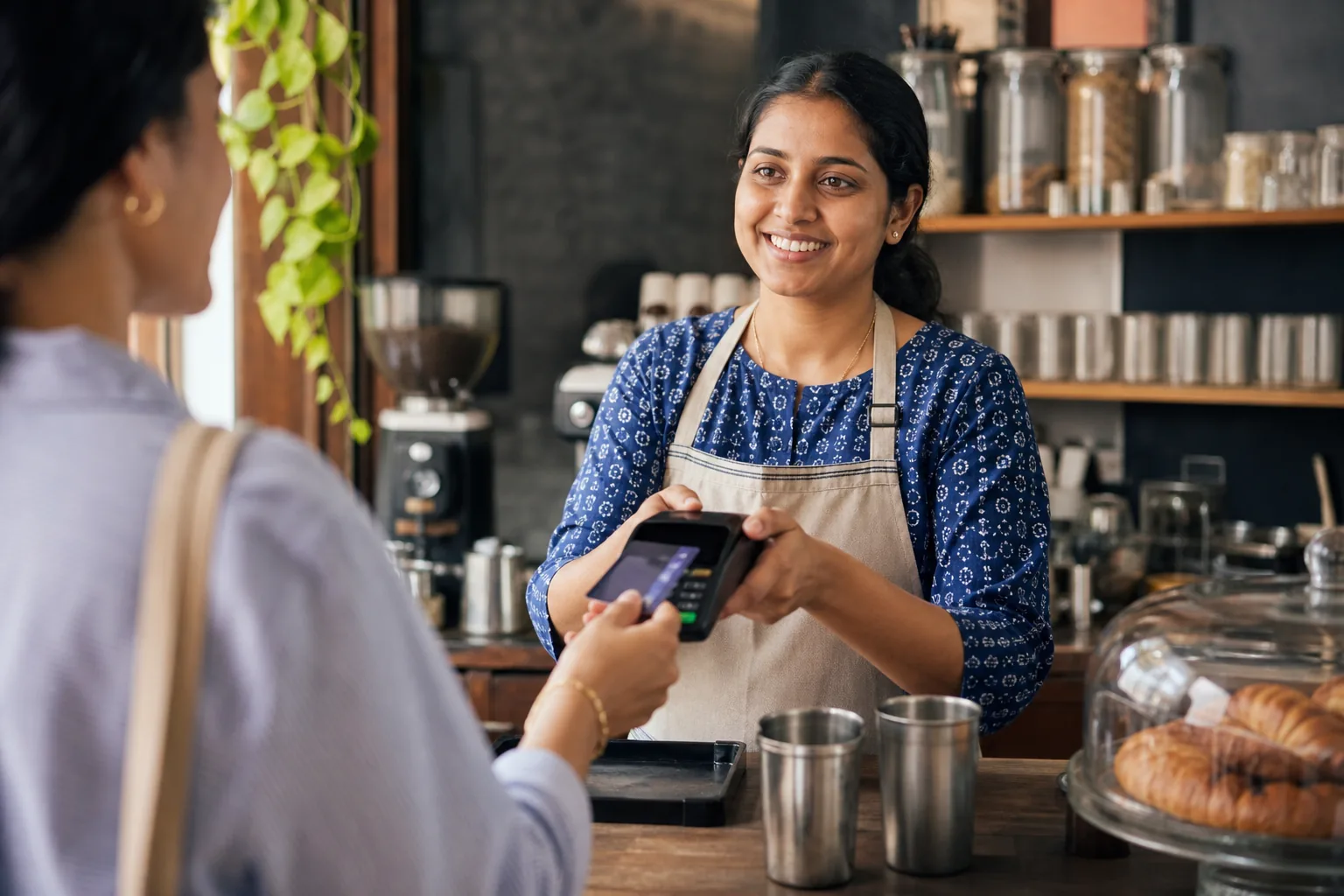 Indian café owner accepting a contactless card payment