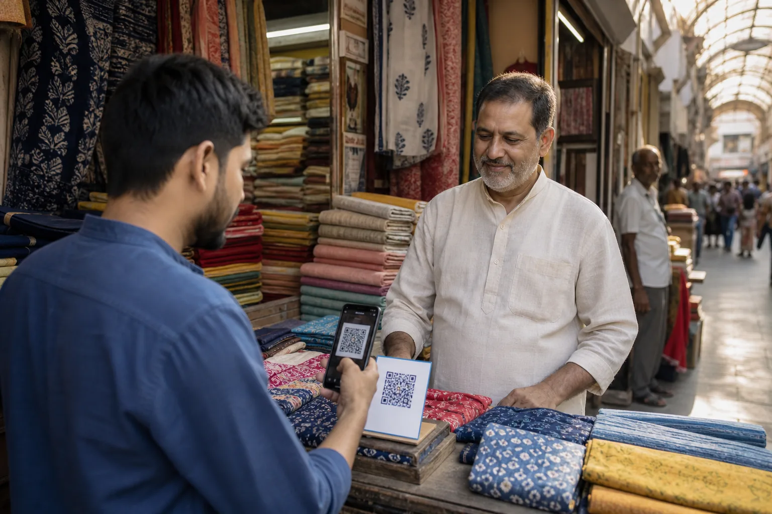 Indian textile merchant receiving a QR payment